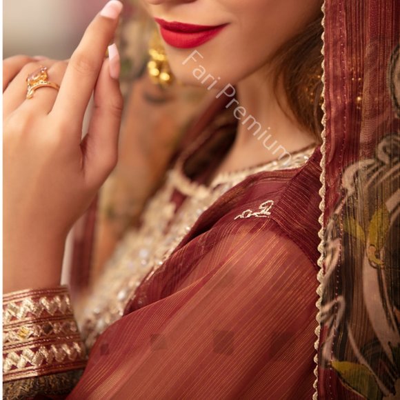 Pakistani Branded Fancy Embroidered Shaded Masuri 3-Piece Shalwar Kameez Orange - Picture 4 of 17